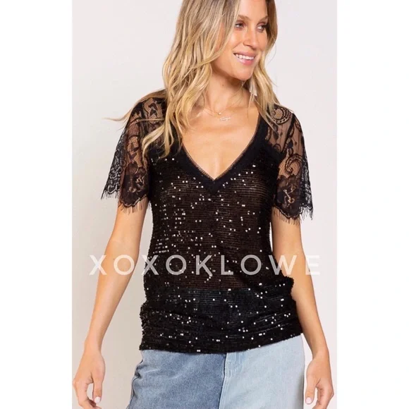 POL Black Sequin V Neck Lace Short Sleeves Sheer Top - Picture 10 of 15
